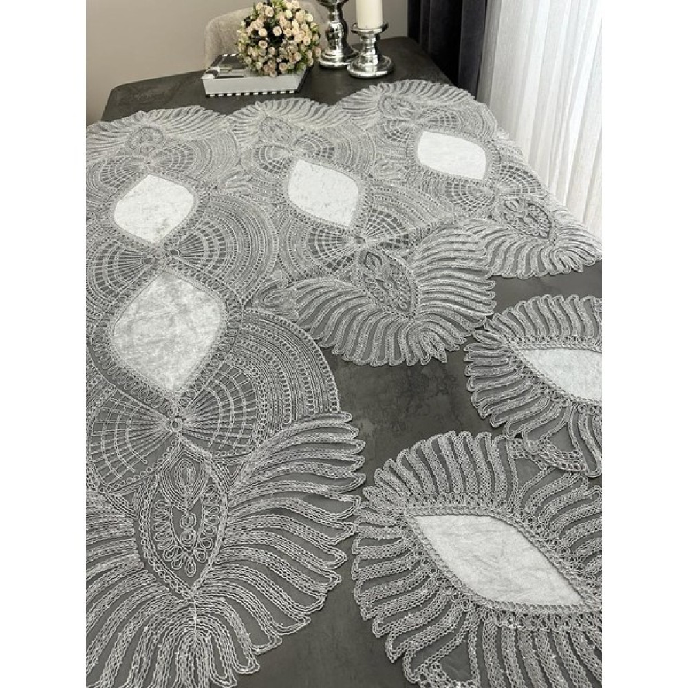 Sewev Salon Takımı 5 Parça Dantelli Masa Örtüsü Runner Seti - 40 x 135 cm - Gümüş Masa Örtüsü Fiyatı