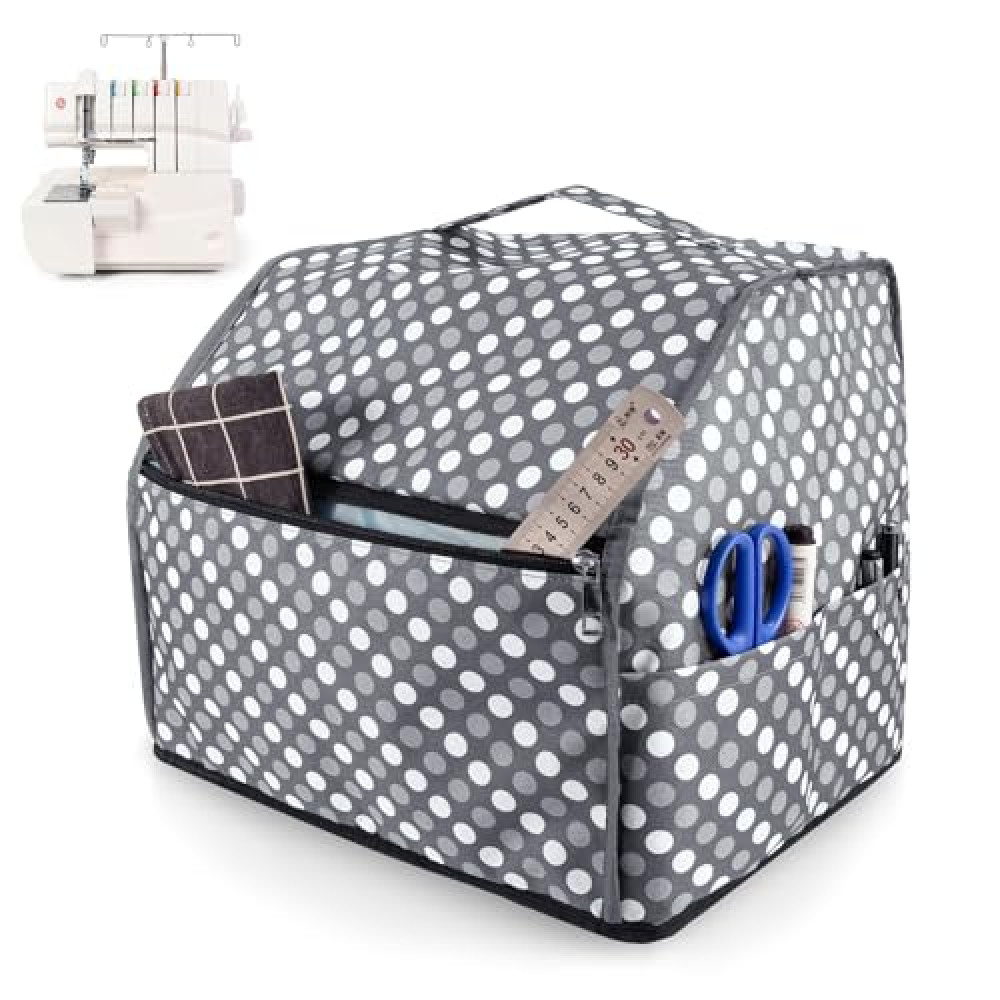 Sewing Machine Cover with Storage Pockets,Sewing Machine Cover Dust Cover,Serger Overlock Machine Covers,with Most Standard Singer Brother Sewing Machine and Accessories,Gray Dots