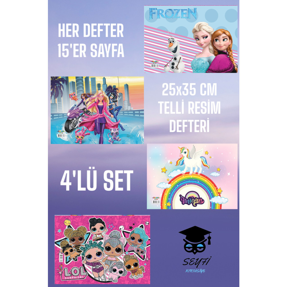 SEYFİKİRTASİYE 4 Adet 25x35 Telli Resim Defteri Kız Modelleri 15 Sayfalı Defter Fiyatı