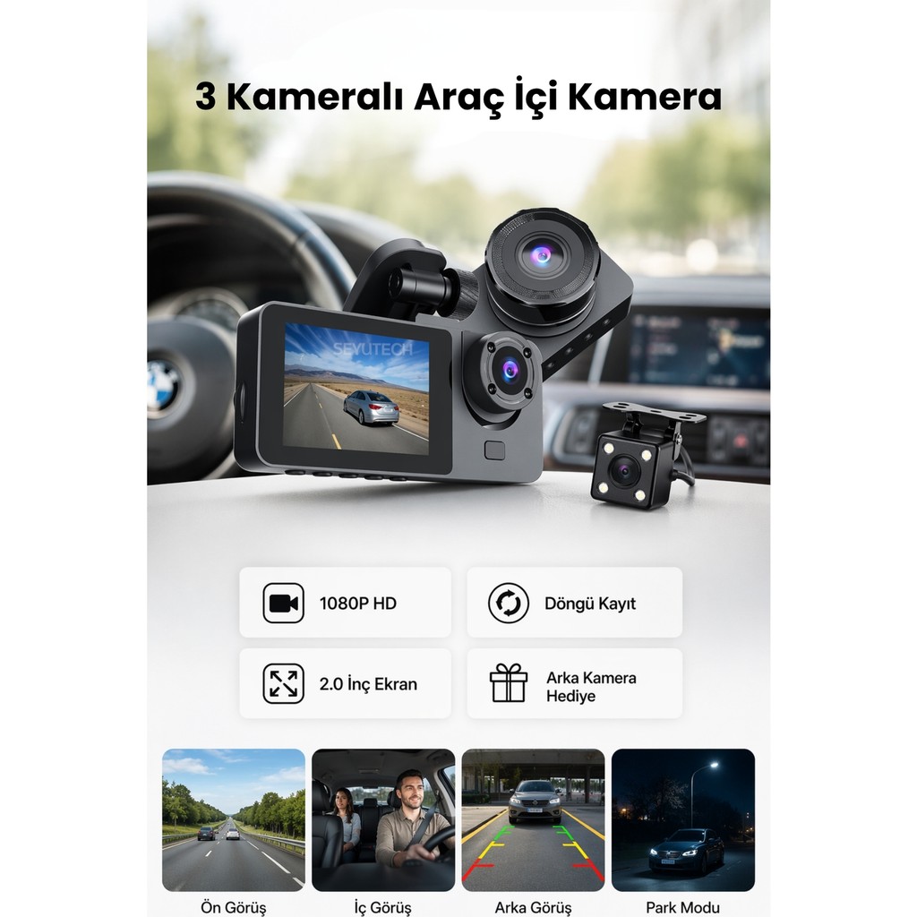 Seyutech Araç Içi Hd 3 Kameralı Wifi Özellikli 1080P Full Hd Gece Görüşlü G-Sensör Dashcam - Siyah Diğer Fiyatı