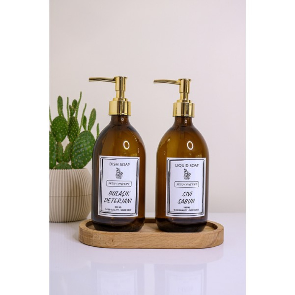 Sezy 2'li 500 ml Gold Pompa Sıvı Sabun ve Bulaşık Deterjanı Amber Cam Şişe Sabunluk Sabunluk Fiyatı