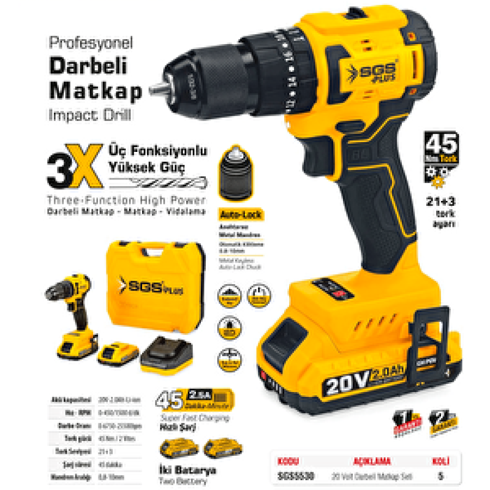 SGS Sgs Akülü Darbeli Matkap Seti 20 Volt - 2 Amper Sgs5530 Matkaplar Fiyatı