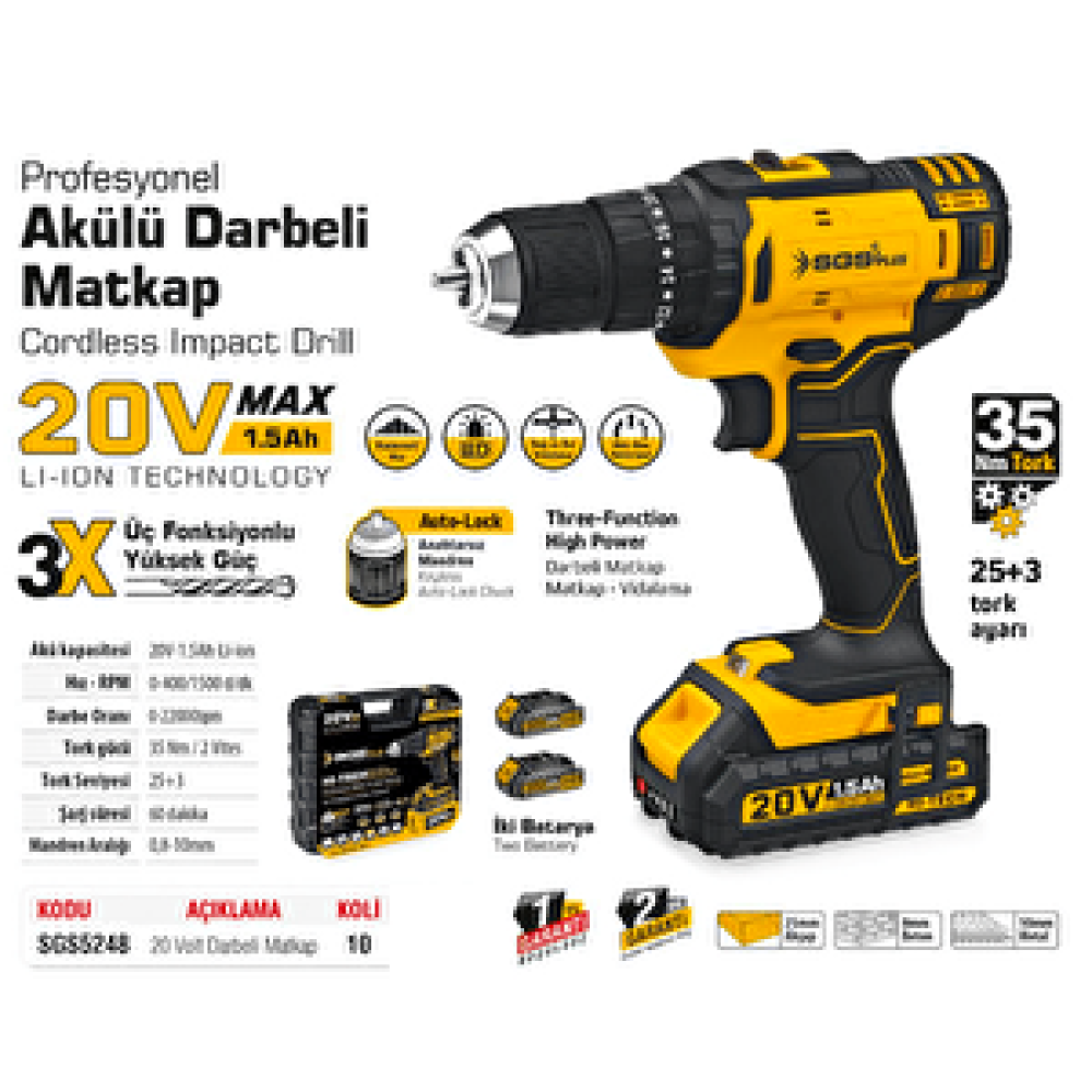 SGS Sgs Akülü Darbeli Matkap Seti Çift Akülü 20 Volt -1.5 Amper Sgs 5248 Akülü Vidalama Makinesi Fiyatı
