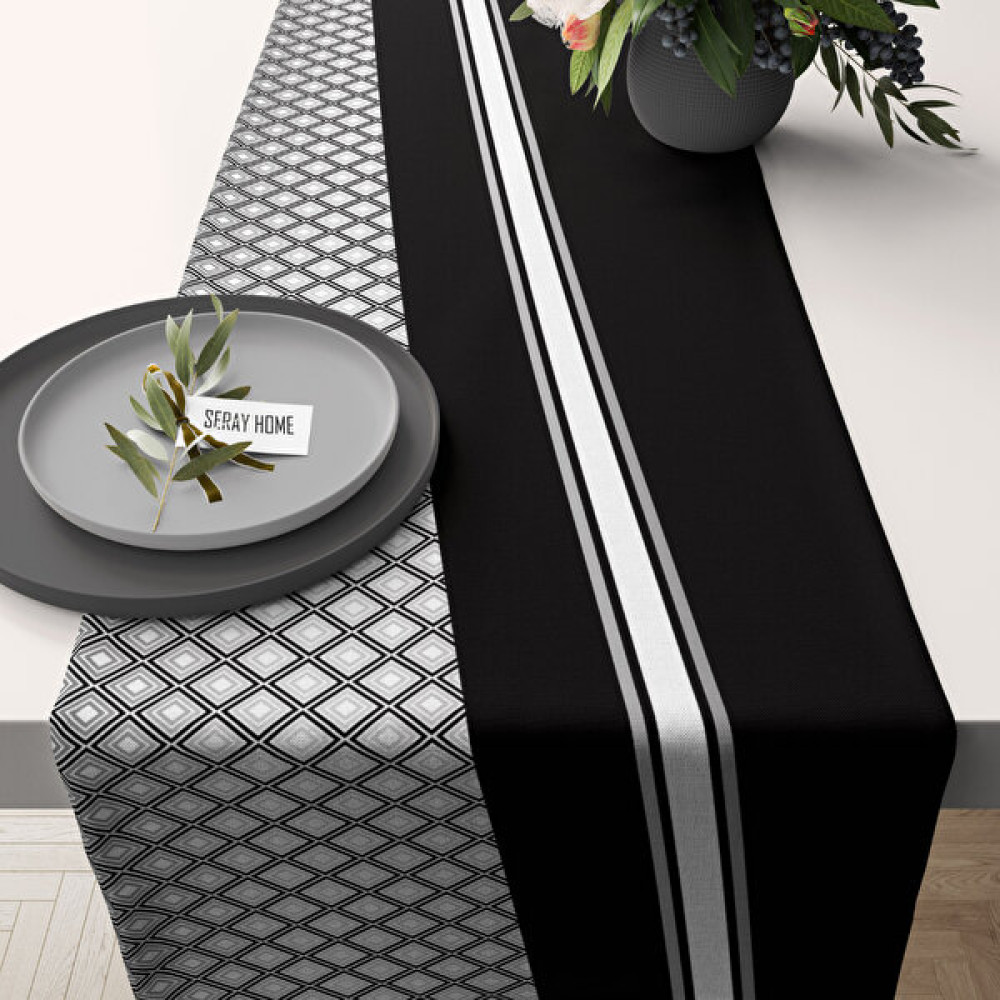 SH SERAY HOME Siyah Silver Gri Geometrik Desenli Kadife Runner 45X150 cm - 43 x 150 cm - Siyah - Gümüş Masa Örtüsü Fiyatı