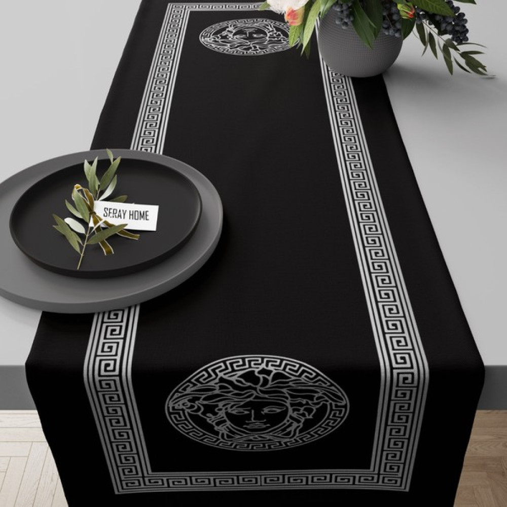 SH SERAY HOME Versace Desenli Siyah Silver Kadife Runner 45X150 cm - 43 x 150 cm - Siyah - Gümüş Masa Örtüsü Fiyatı