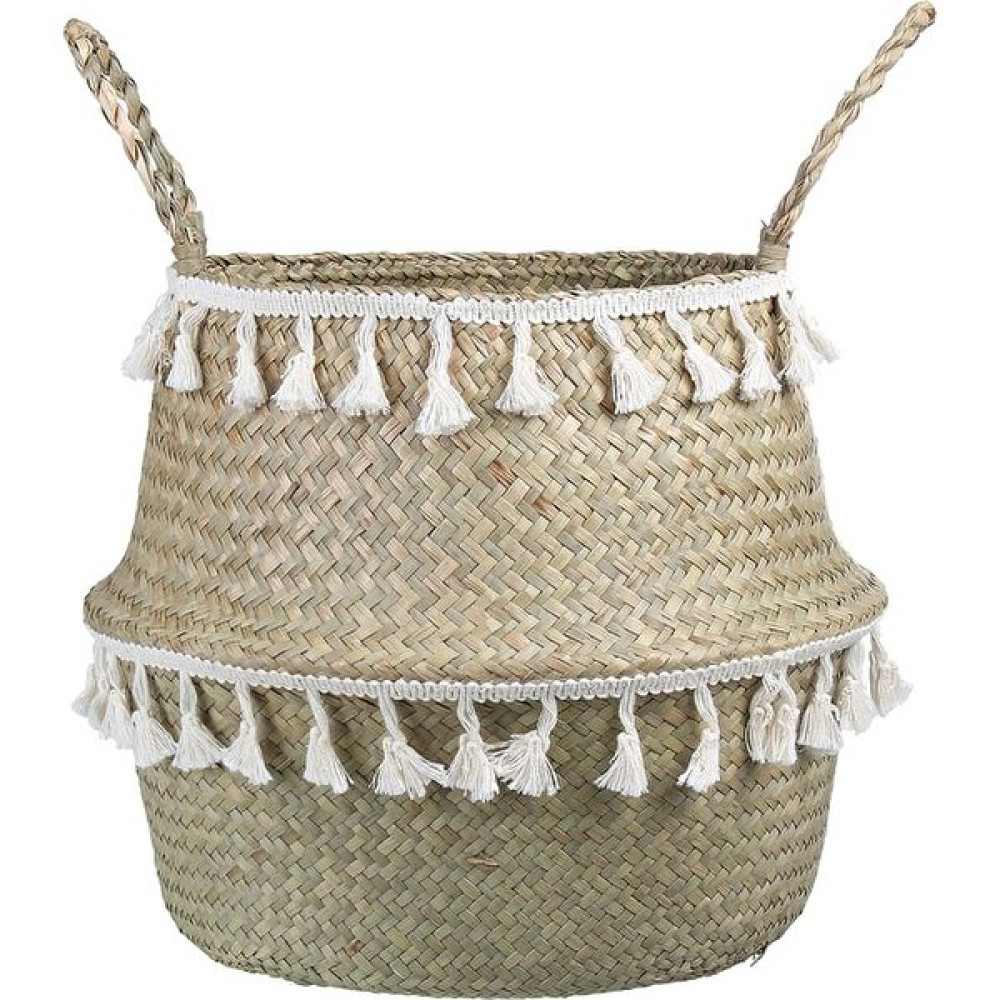 Shanhua Shop Beyaz Püskül Stili M 22X20CM El Yapımı Bambu Saklama Sepetleri Seagrass Hasır Sepet Bahçe Saksı Çamaşır Sepeti Beyaz Püskül ile Kontey... Sepet Fiyatı