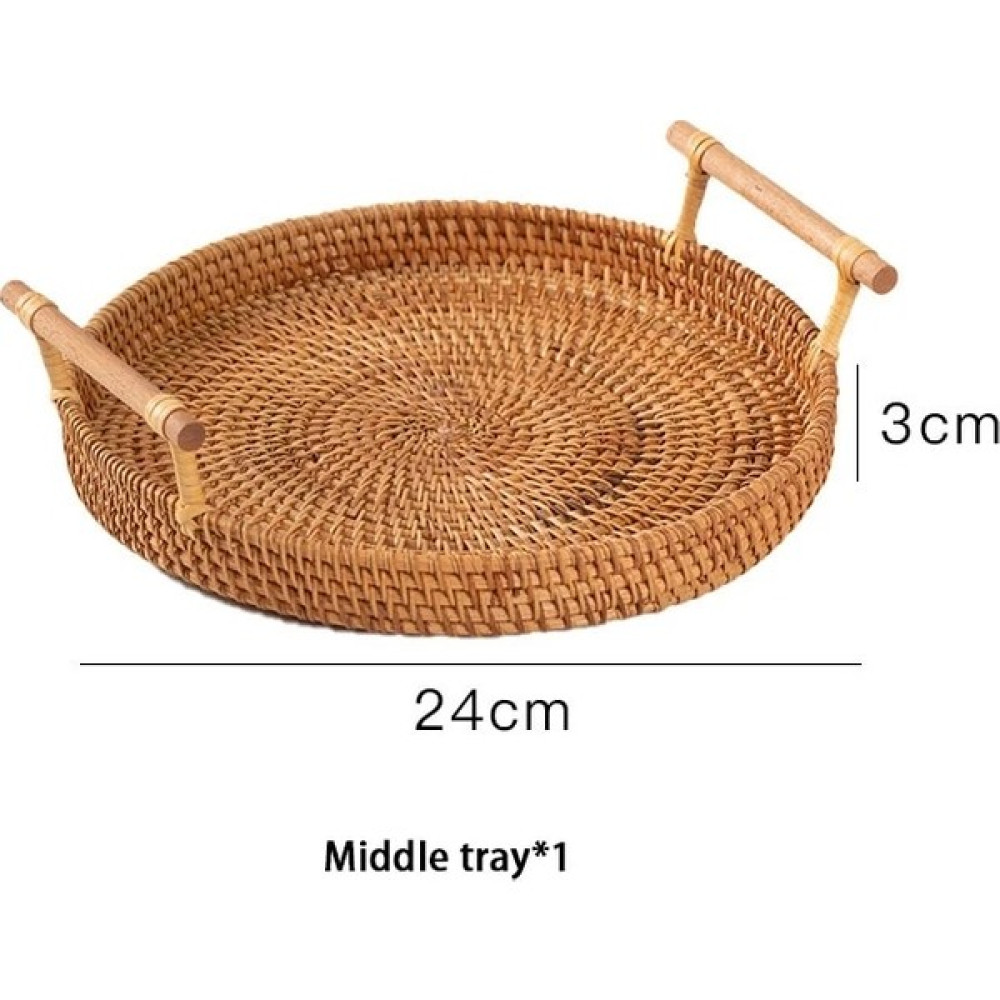 Shanhua Shop Stil1-M Stili Ahşap Saplı El Dokuması Rattan Depolama Tepsisi Yuvarlak Hasır Sepet Ekmek Yemek Tepsisi Meyve Çay Kahve Servis Klasik B... Sepet Fiyatı