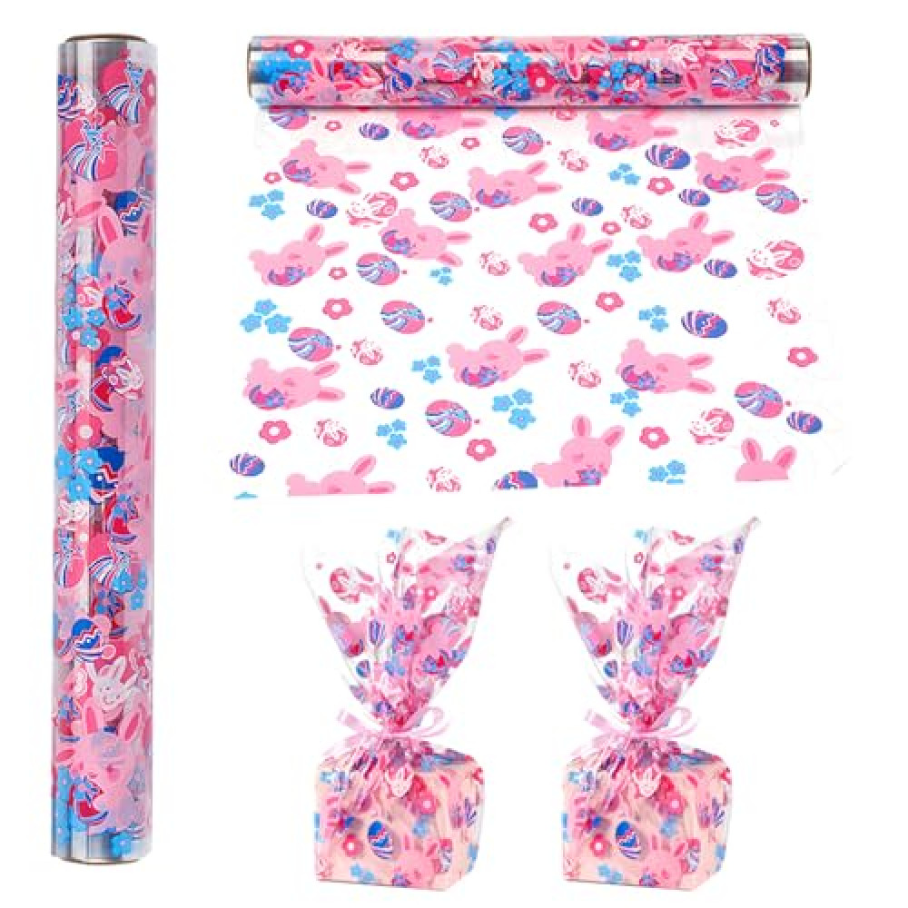 shareluck 100ft Easter Cellophane Wrap Roll - Easter Cello Wrapping Paper for Gift Baskets, Treats-Bunny Design & Eggs Cellophane. (100ft Long x 16” Wide x 2.5Mil)