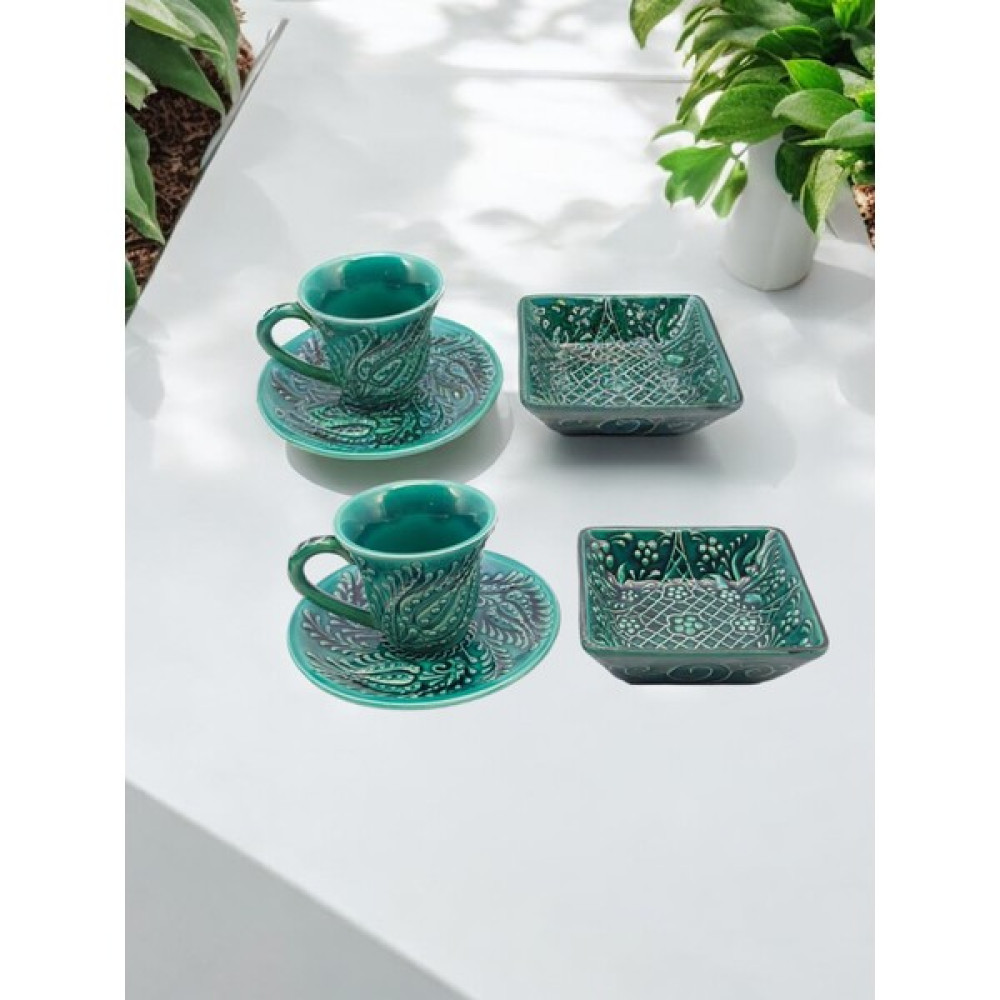 Sharp Art Geleneksel Osmanlı Lale Model Gerçek El Işi,kabartmalı 2 Li ve 6 Lı Kahve Fincan ve Lokumluk Takımı - Mint Yeşili Fincan / Bardak / Kahve Takımı Fiyatı