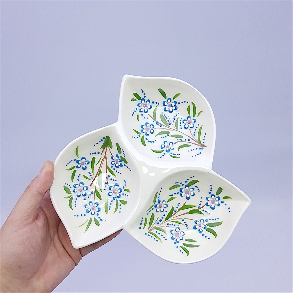 Sharp & Art Seramik Kahvaltılık, Sosluk, Çerezlik ve Sunum Tabağı, 3 Bölmeli Elişlemesi - Mavi Diğer Fiyatı