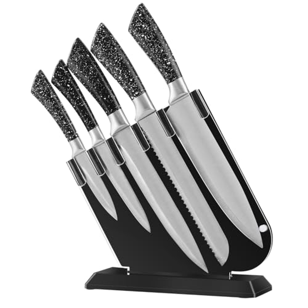 Sharp Kitchen Knife Set，6 pcs Professional Knives Sets with Acrylic Block，5 Pieces Stainless Steel Blades Includes Chefs/Bread/Slicing/Utility/Paring Knife