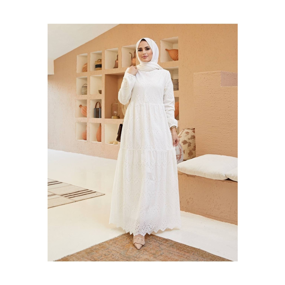 She Olive Güpürlü Tesettür Elbise-beyaz 44 Beden Tesettür Giyim Fiyatı