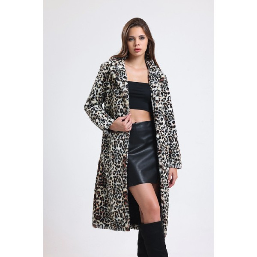 She Wears Leopar Desenli Önü Klipsli Cepli Uzun Ince Peluş Kürk Bayan Mont Fiyatı