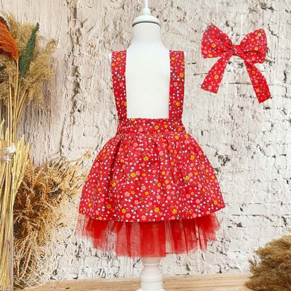 Shecco Babba Kız Çocuk Elbise Bandana Takım Kırmızı Çiçekli 1-8 Yaş Doğum Günü Elbisesi Kız Çocuk Elbise Fiyatı