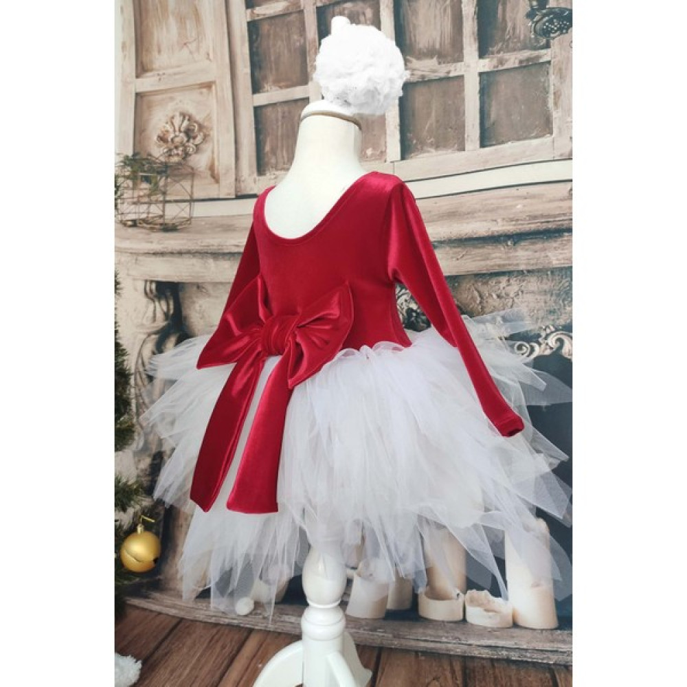 Shecco Babba Kız Çocuk Kırmızı Kadife Beyaz Tüllü Noel Elbise, Uzun Kollu Kırmızı Doğum Günü Elbisesi, Bandana Elbise Fiyatı