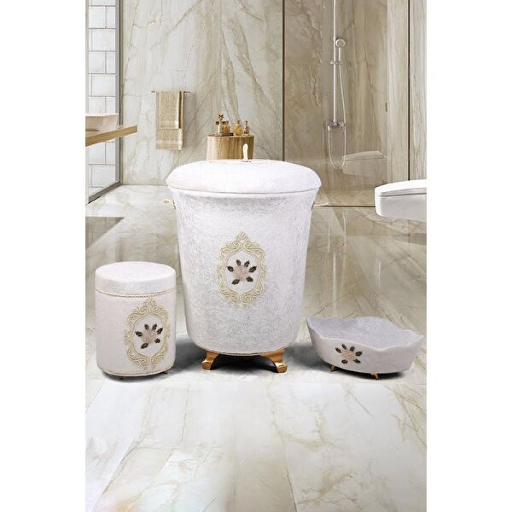 Shems Krem 3'lü Kadife Çeyizlik Dantelli Banyo Kirli Çamaşır Sepeti Seti | Banyo Seti Banyo Aksesuarları Fiyatı