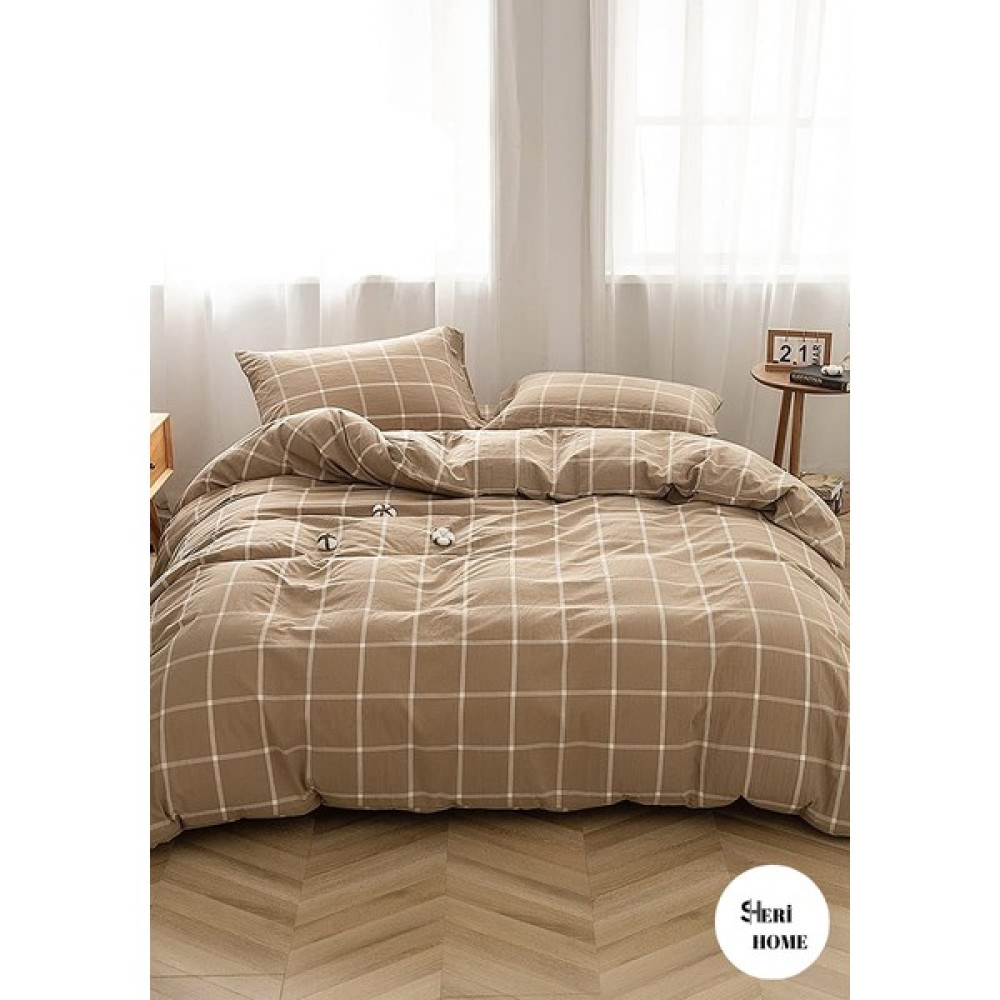 Sheri Home Jersey Golden Kare Çizgi Çift Kişilik Nevresim Seti Bej01453777 - 200 x 220 cm Nevresim Takımı Fiyatı