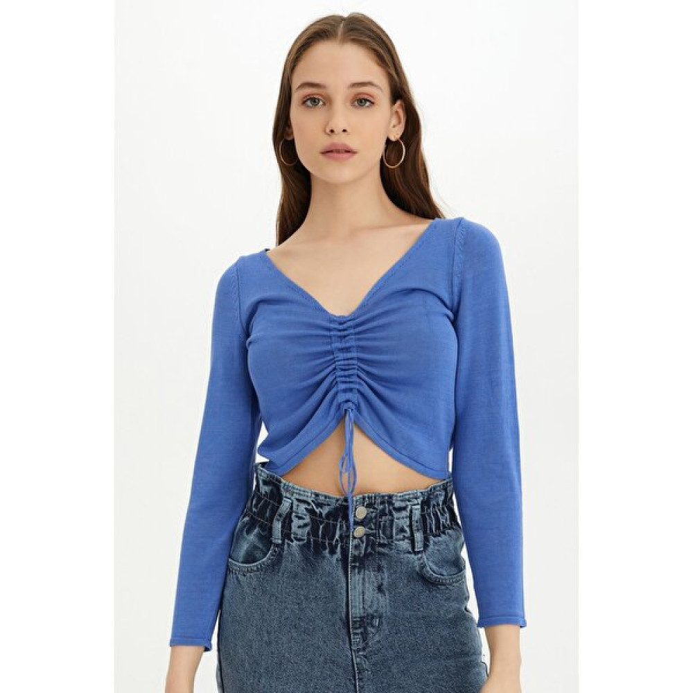 Sherin Kadın Mavi Bağcıklı Crop Triko Bluz SWK4354MA Bluz Fiyatı