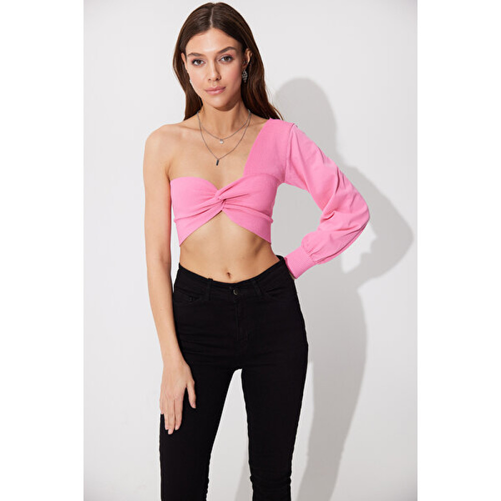 Sherin Pembe Tek Omuz Balon Kol Crop SWK4605PE Bluz Fiyatı