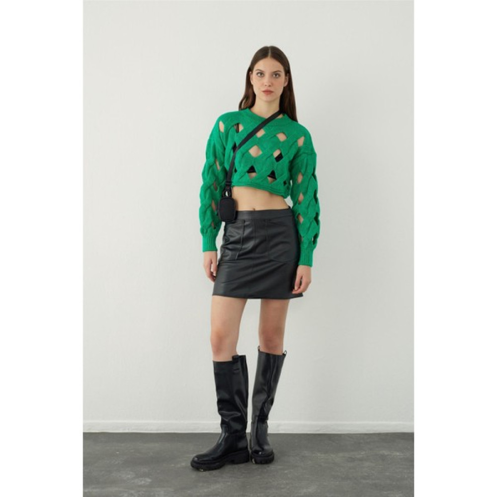 Sherin Yeşil Oversize Delikli Triko Crop Kazak Bayan Kazak & Süveter & Triko Fiyatı