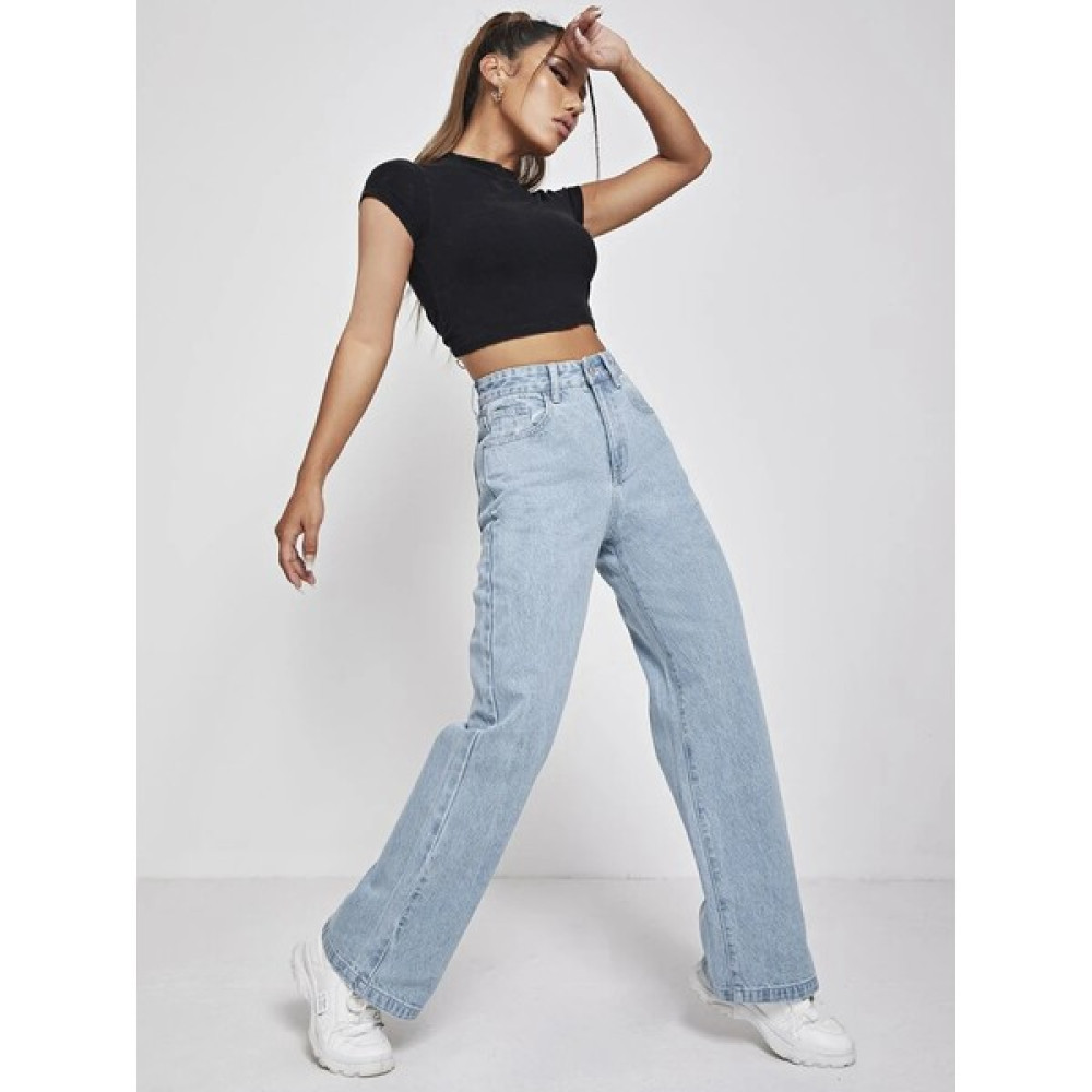 Shevega Buz Mavi Likralı Bol Paça Flare Jeans Salaş Kot Pantolon Bayan Jeans / Kot Pantolon Fiyatı