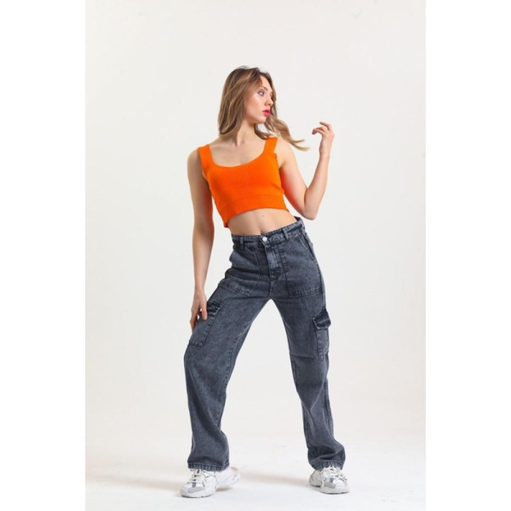 Shevega Gri Kargo Cepli Cep Detaylı Bol Paça Kot Pantolon Wide Leg Jean Bayan Jeans / Kot Pantolon Fiyatı