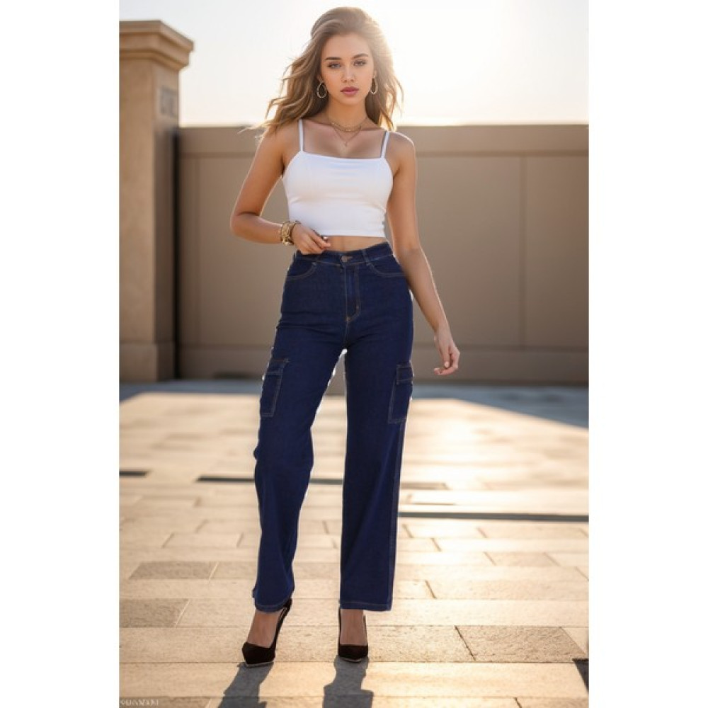 Shevega Lacivert Yüksek Bel Kargo Cepli Wide Leg Jean Bol Paça Kot Pantolon Bayan Jeans / Kot Pantolon Fiyatı