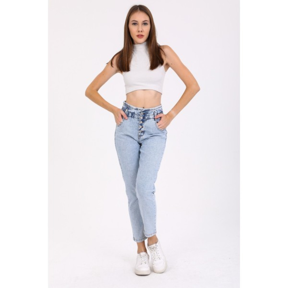 Shevega Shevega Buz Mavi Beli Büzgülü Düğme Detaylı Mom Jean Kot Pantolon Bayan Jeans / Kot Pantolon Fiyatı