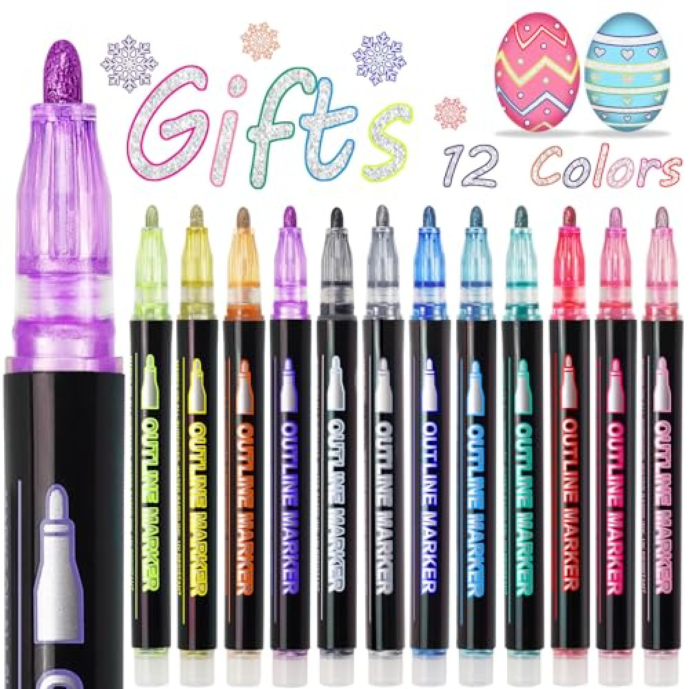 Shimmer Outline Markers Doodle Pens: 12 Glitter Markers Easter Basket Stuffers Teens Easter Gifts Kids Tween Girls Ages 4 5 6 7 8 9 10 12 13 14 Year Old Trendy Stuff Essentials Arts Crafts Supplies
