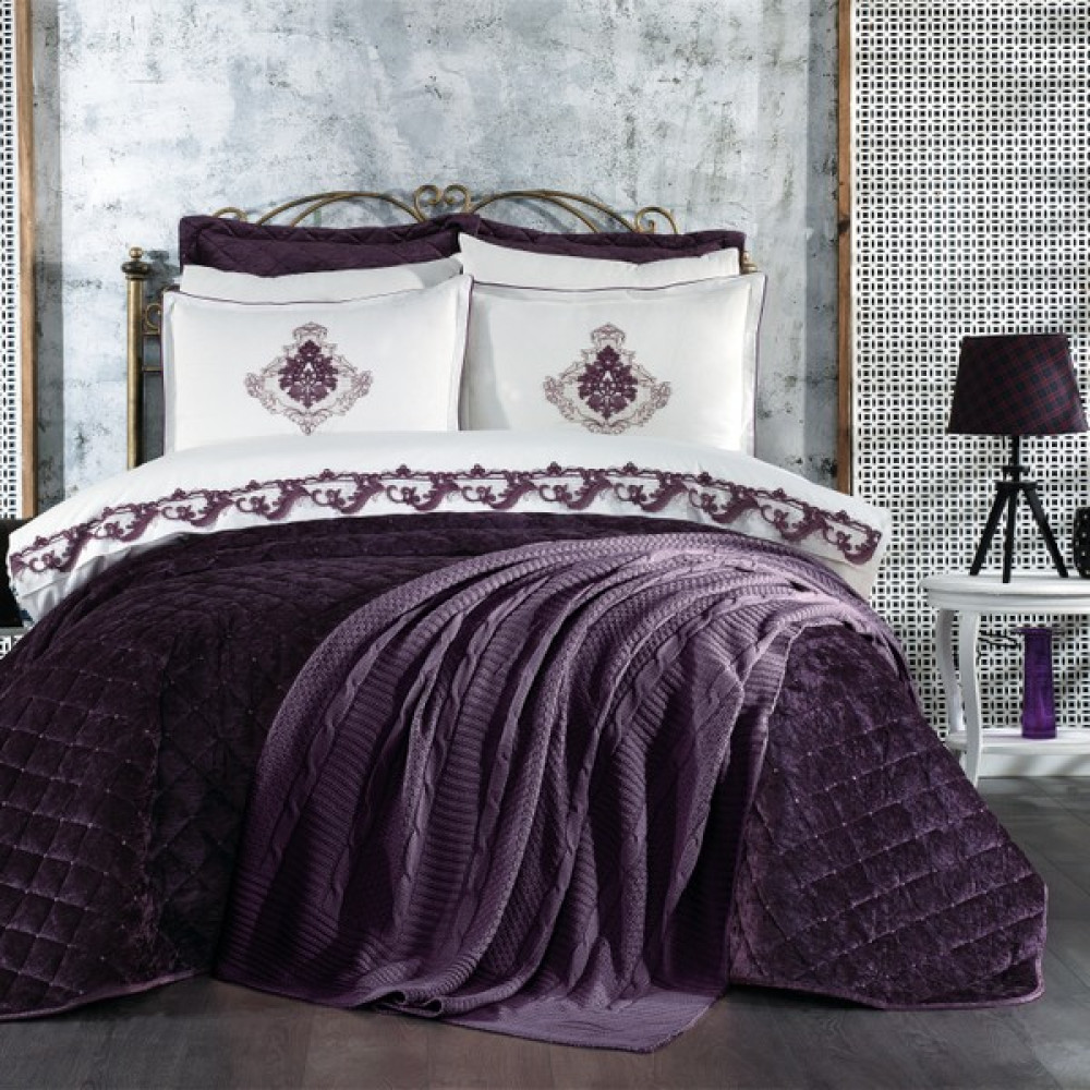 Shine Home 10 Parça %100 Pamuk Nevresim Takımı + Yatak Örtüsü Set (Battaniye Hediyelidir) Renk Mor - 260 x 270 cm Yatak Örtüsü Fiyatı