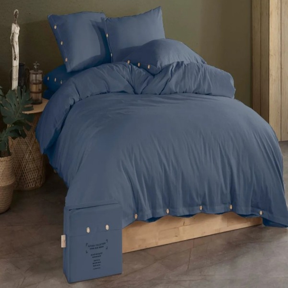 Shine Home %100 Pamuk 4 Parça Lastik Çarşaflı Çift Kişilik Naturel Nevresim Takımı - 200 x 220  cm - Lacivert Nevresim Takımı Fiyatı