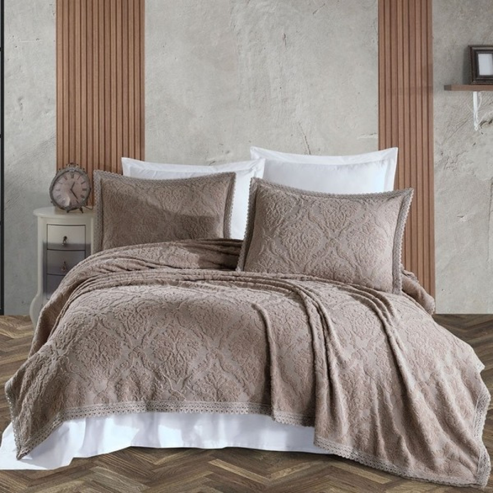 Shine Home 3 Parça Dantel Detaylı %100 Pamuk Çift Kişilik Yatak Örtüsü Takımı - 230 x 250 cm - Kahve Yatak Örtüsü Fiyatı
