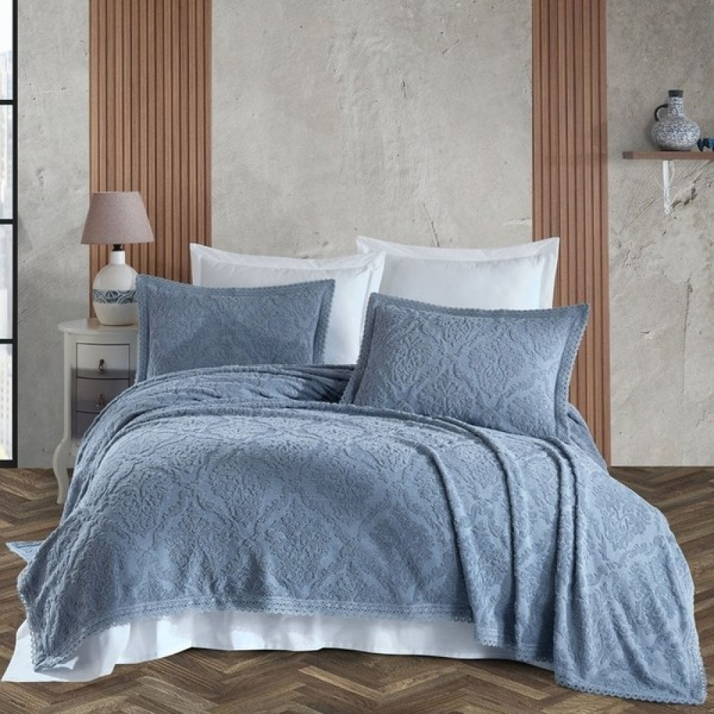 Shine Home 3 Parça Dantel Detaylı %100 Pamuk Çift Kişilik Yatak Örtüsü Takımı - 230 x 250 cm - Mavi Yatak Örtüsü Fiyatı