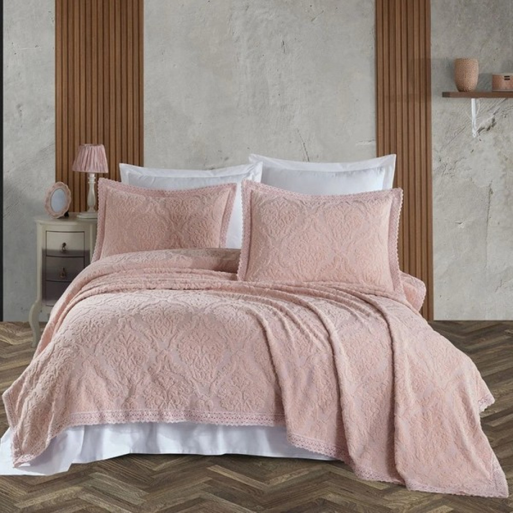 Shine Home 3 Parça Dantel Detaylı %100 Pamuk Çift Kişilik Yatak Örtüsü Takımı - 230 x 250 cm - Somon Yatak Örtüsü Fiyatı