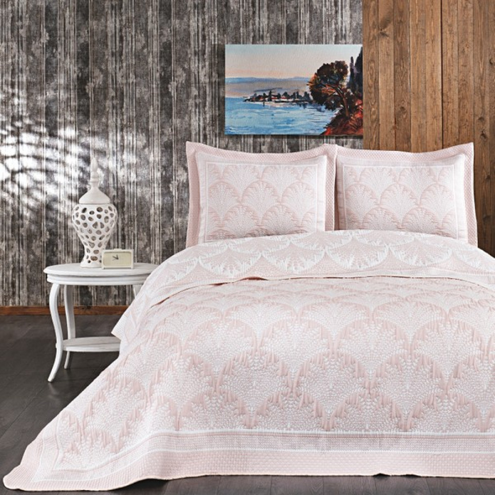 Shine Home 4 Mevsimlik Çift Kişilik Jakar Desenli Yatak Örtüsü (Yaz'in Pike Kış'ın Yatak Örtüsü) - 250 x 260 cm - Pudra Yatak Örtüsü Fiyatı
