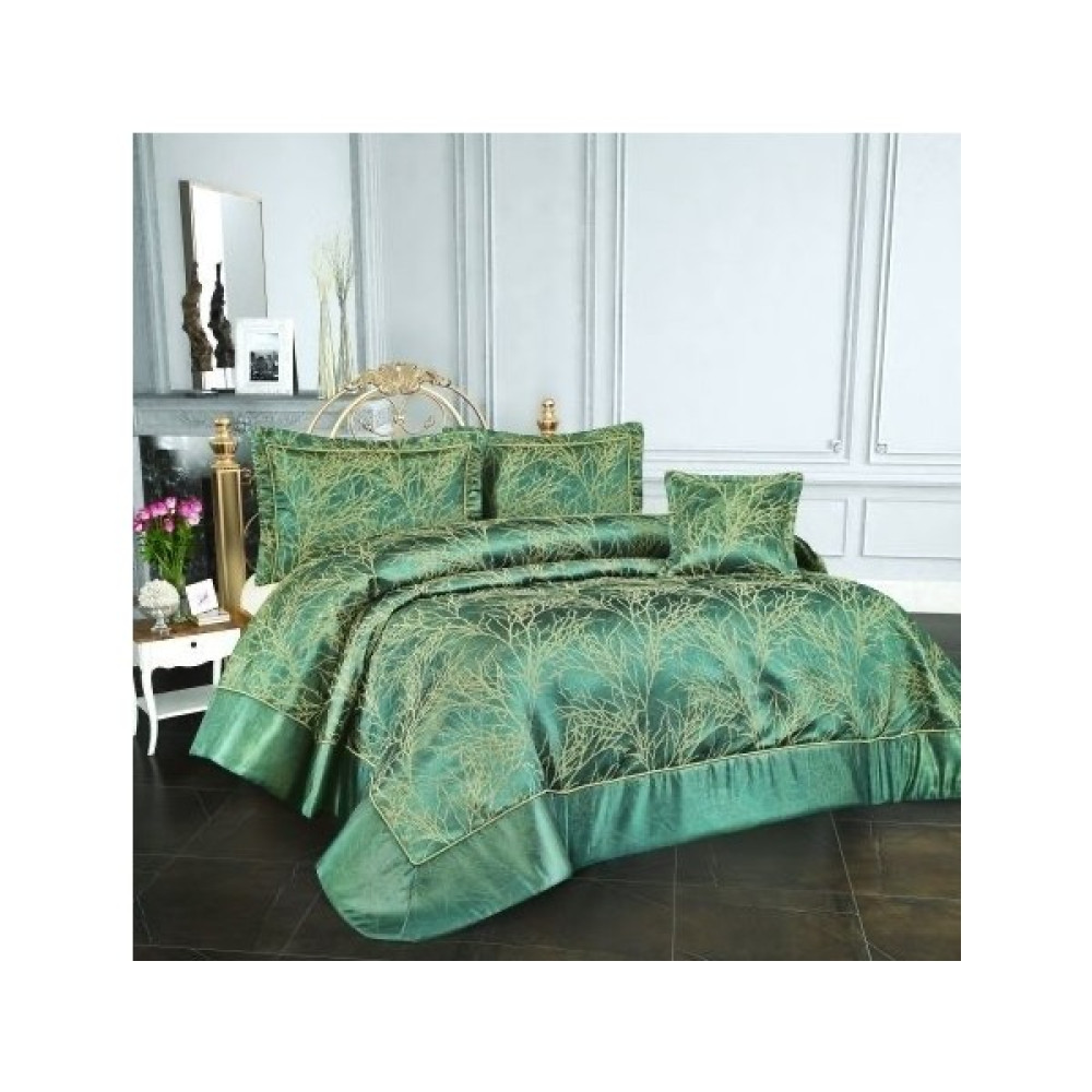 Shine Home 4 Parça Abiye Jakar Desenli Çift Kişilik Çeyizlik Yatak Örtüsü Set Yeşil Renk - 265 x 270 cm Yatak Örtüsü Fiyatı