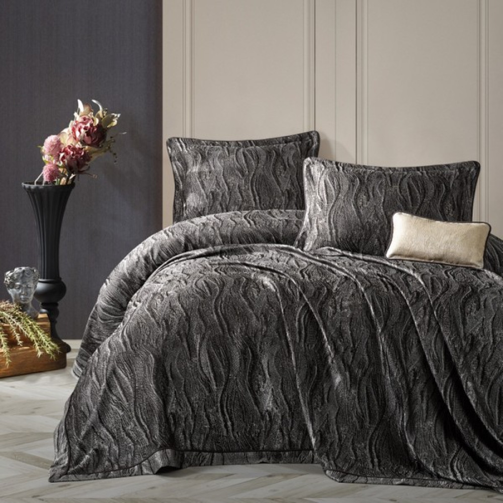 Shine Home 4 Parça Çift Kişilik Jakar Desenli Yatak Örtüsü Takımı (260 x 250CM) Renk Antrasit - 260 x 250 cm Yatak Örtüsü Fiyatı