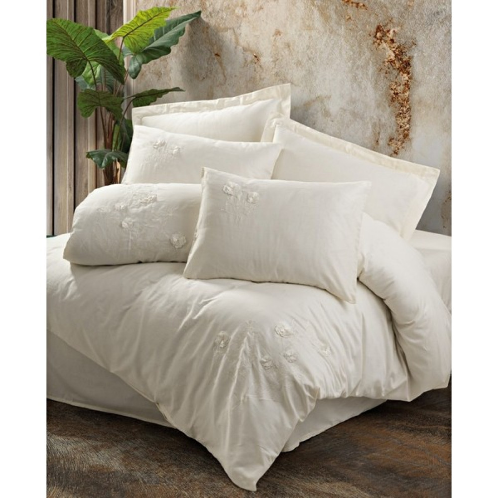 Shine Home 6 Parça King Size 3D Nakışlı %100 Pamuk Saten Lastik Çarşaflı Nevresim Takımı Renk Ekru - 240 x 260 cm Nevresim Takımı Fiyatı