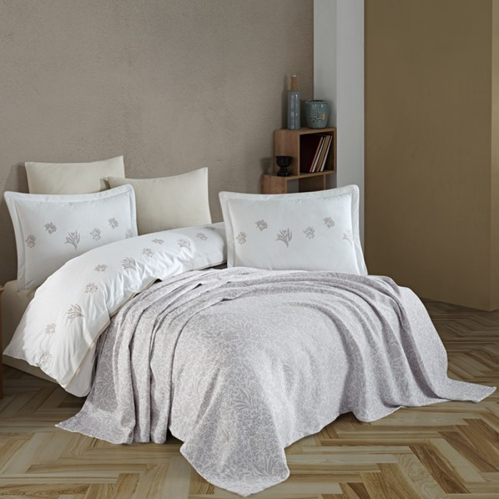 Shine Home 7 Parça %100 Pamuk Nakışlı Çift Kişilik Nevresim Takımı + Pike Çeyiz Seti - Taş - 200 x 220 cm Nevresim Takımı Fiyatı