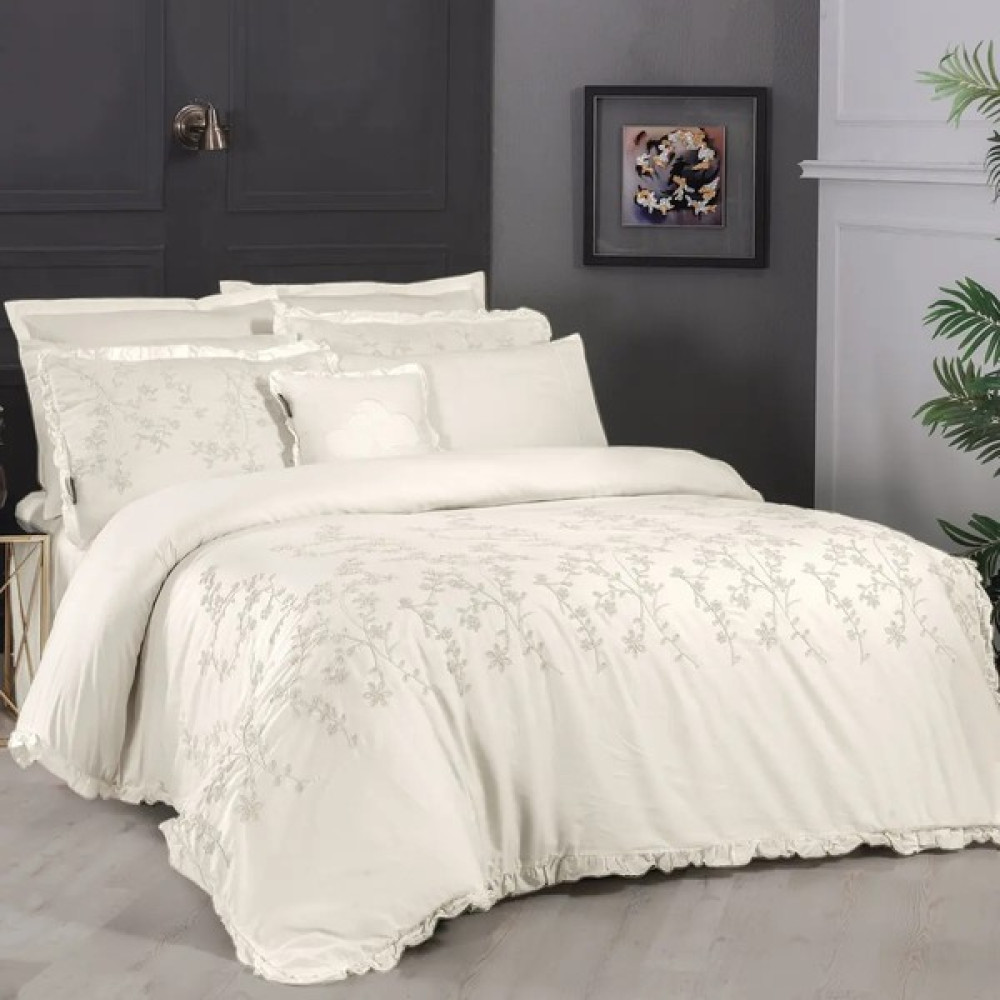 Shine Home 7 Parça Pamuk Saten Nakışlı Çift Kişilik Nevresim Takımı (300 Tc - 120 Iplik) - Ekru - 200 x 220 cm Nevresim Takımı Fiyatı