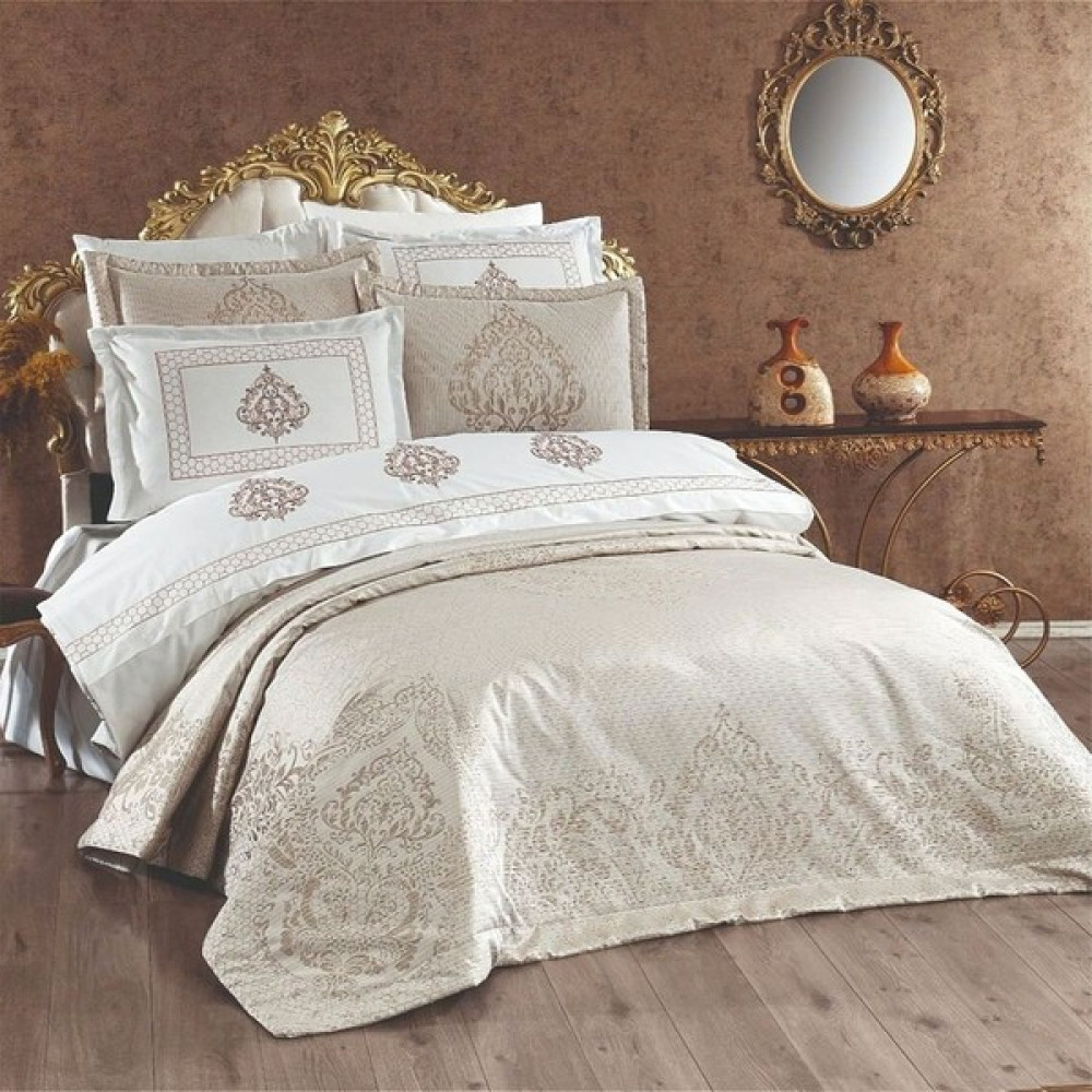 Shine Home 9 Parça Pamuk Nevresim Takımı + Yatak Örtüsü Set Bej - 260 x 270 cm Yatak Örtüsü Fiyatı