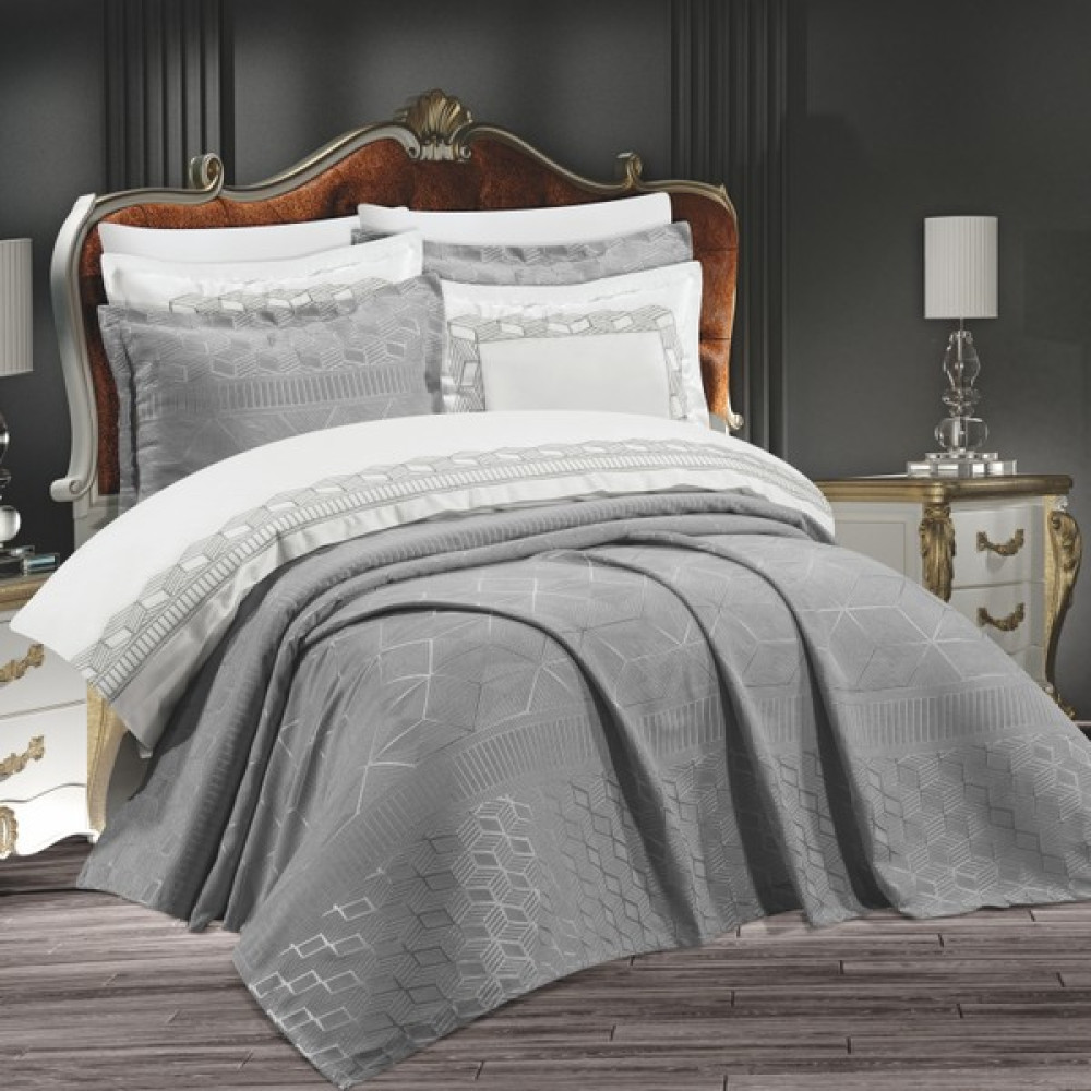 Shine Home Çeyiz Seti 9 Parça %100 Pamuk Nakışlı Nevresim Takımı + Jakarlı Pike Gelin Seti - Gri Yatak Odası Tekstili & Çeyiz Seti Fiyatı