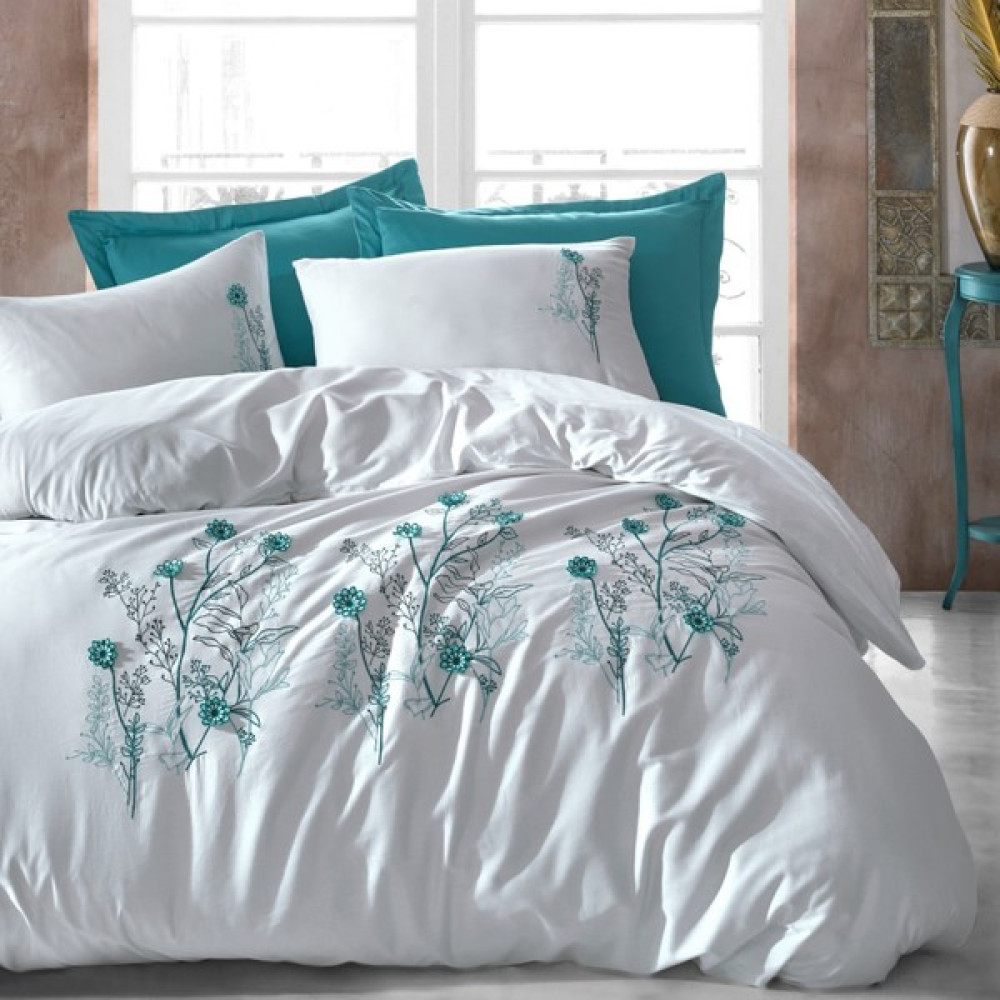 Shine Home King Size 3D Nakışlı %100 Pamuk Saten Desenli Lastik Çarşaflı Çift Kişilik Nevresim Takımı - Petrol - 240 x 260 cm Nevresim Takımı Fiyatı