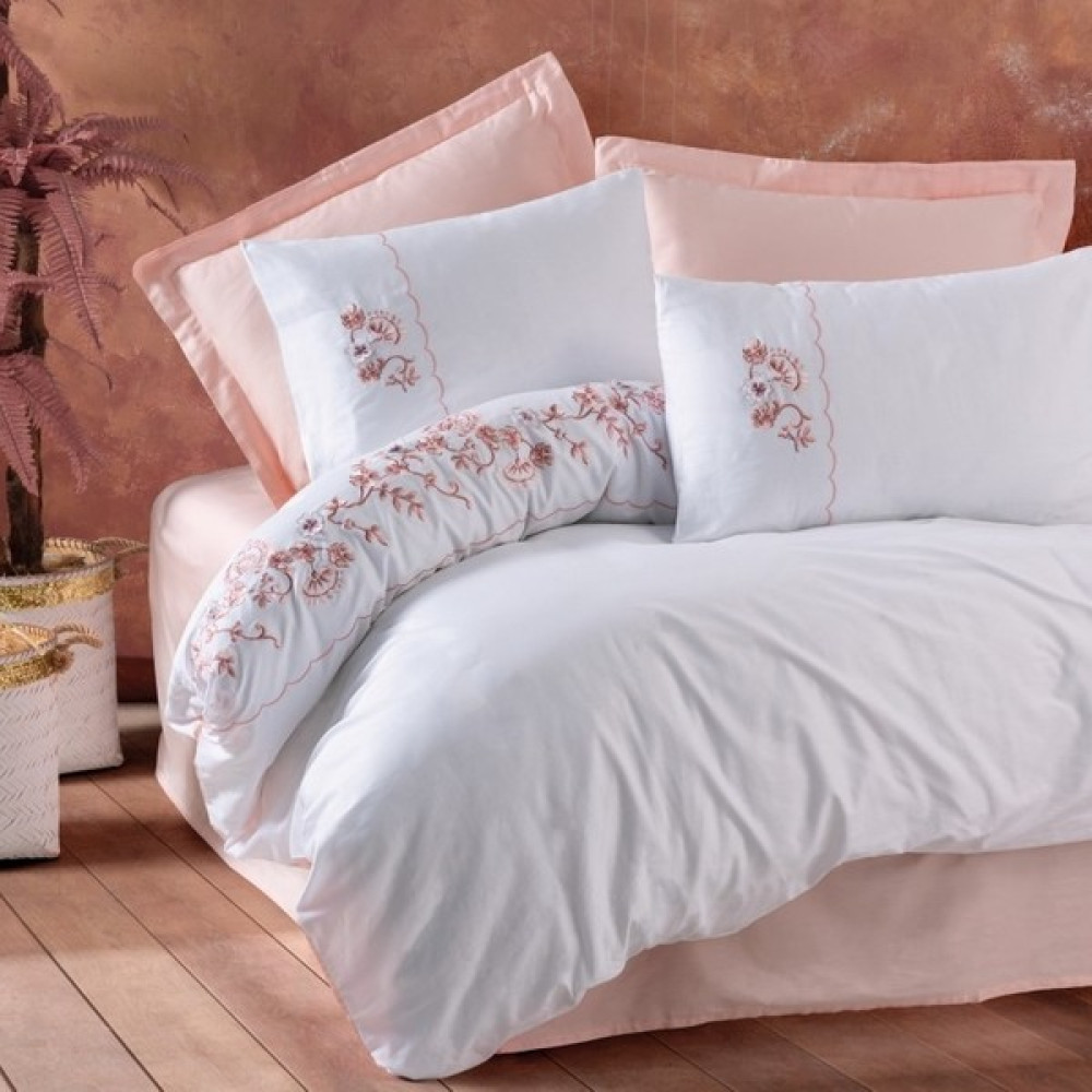 Shine Home King Size 3D Nakışlı %100 Pamuk Saten Lastik Çarşaflı 6 Parça Nevresim Takımı - Pudra - 240 x 260 cm Nevresim Takımı Fiyatı