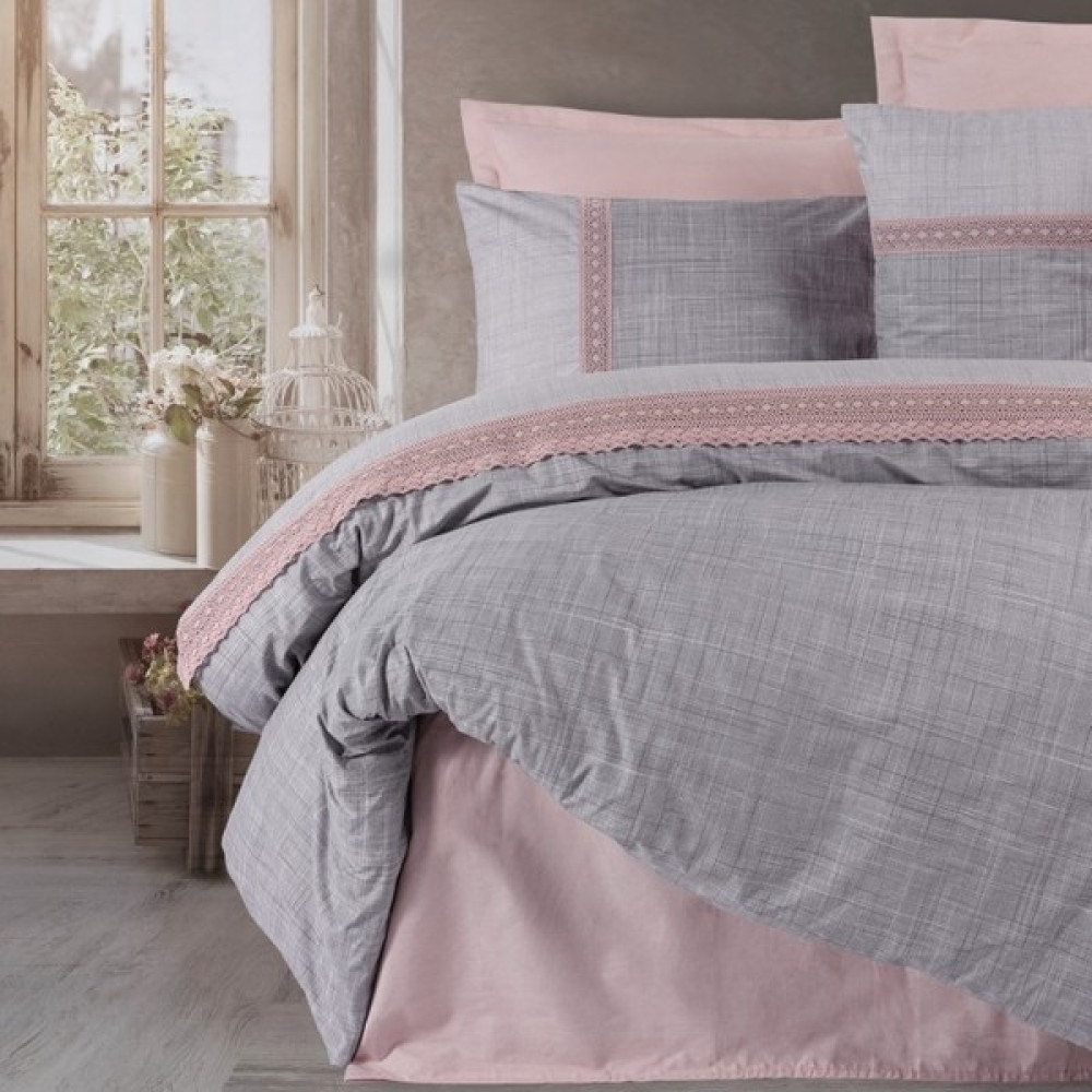 Shine Home King Size 6 Parça %100 Pamuk Dantelli Lastik Çarşaflı Nevresim Takımı - Gül Kurusu - 240 x 260 cm Nevresim Takımı Fiyatı