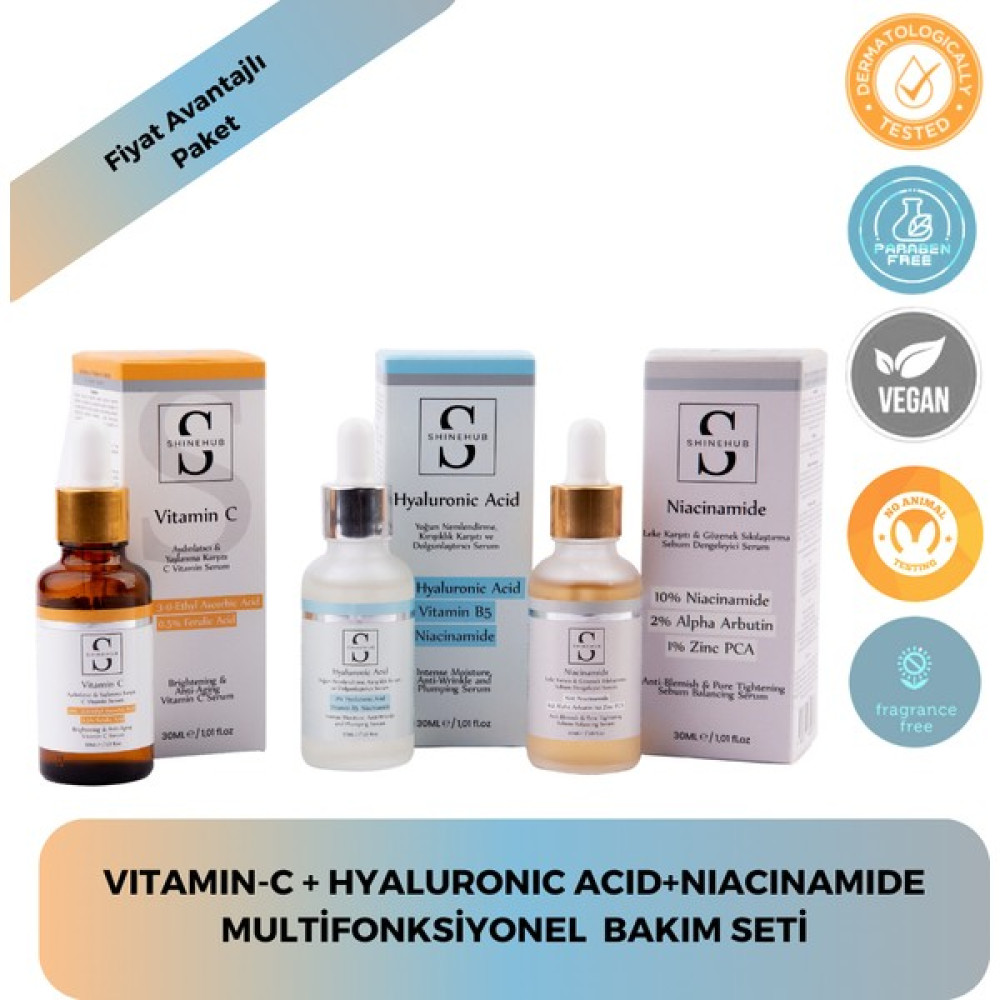 Shinehub C Vitamin & Hyaluronic Acid & Niacinamide Multifonksiyonel 3'lü Cilt Bakım Serum Seti Anti-Aging / Yaşlanma Karşıtı Fiyatı