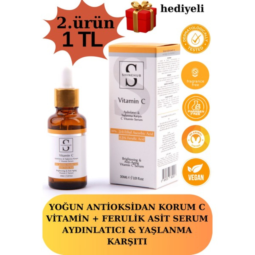 Shinehub C vitamini serum , Aydınlatıcı & Yaşlanma Karşıtı & Yoğun Antioksidan Koruma 10% C Vitamin + 0.5% Ferulik Asit Serum, vitamin c serum Anti-Aging / Yaşlanma Karşıtı Fiyatı
