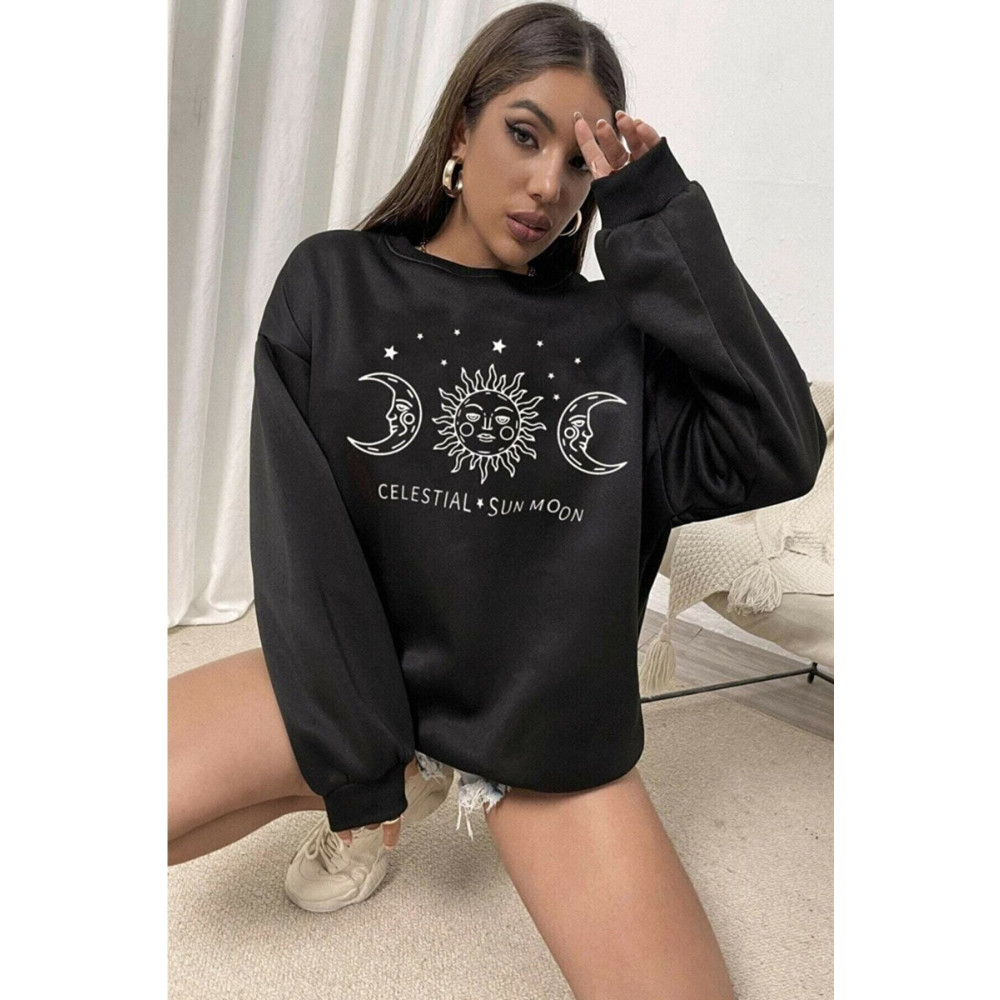 shiron Ay Ve Güneş Baskılı Sweat Unısex Oversıze Sweatshırt L Beden Bayan Sweatshirt Fiyatı