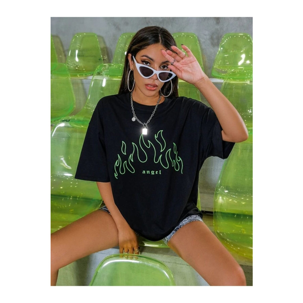shiron Kadın Yeşil Angel Baskılı Oversıze Tshirt XL Beden Bayan T-shirt Fiyatı