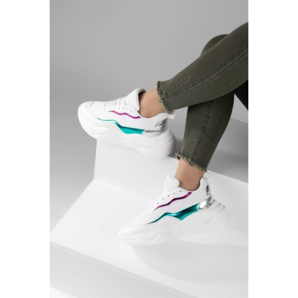SHOETEK Agustina Kadın Sneakers Bağcıklı Spor Ayakkabı Beyaz -Yeşil Deri Spor Ayakkabı Fiyatı